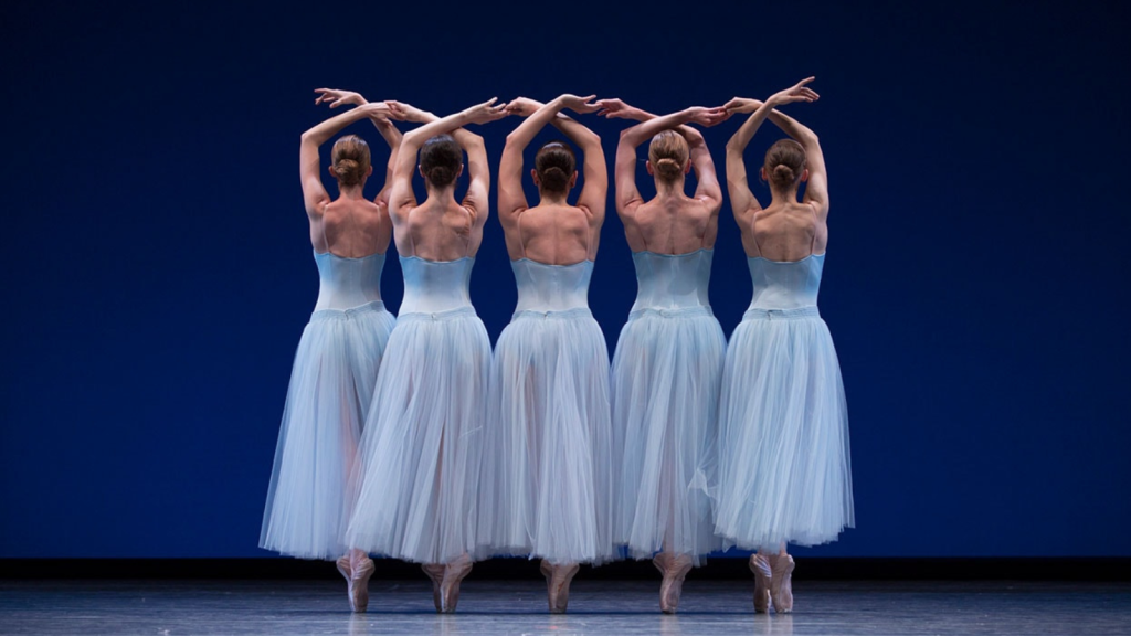 Pacific Northwest Ballet in George Balanchine’s Serenade. Courtesy Pacific Northwest Ballet.